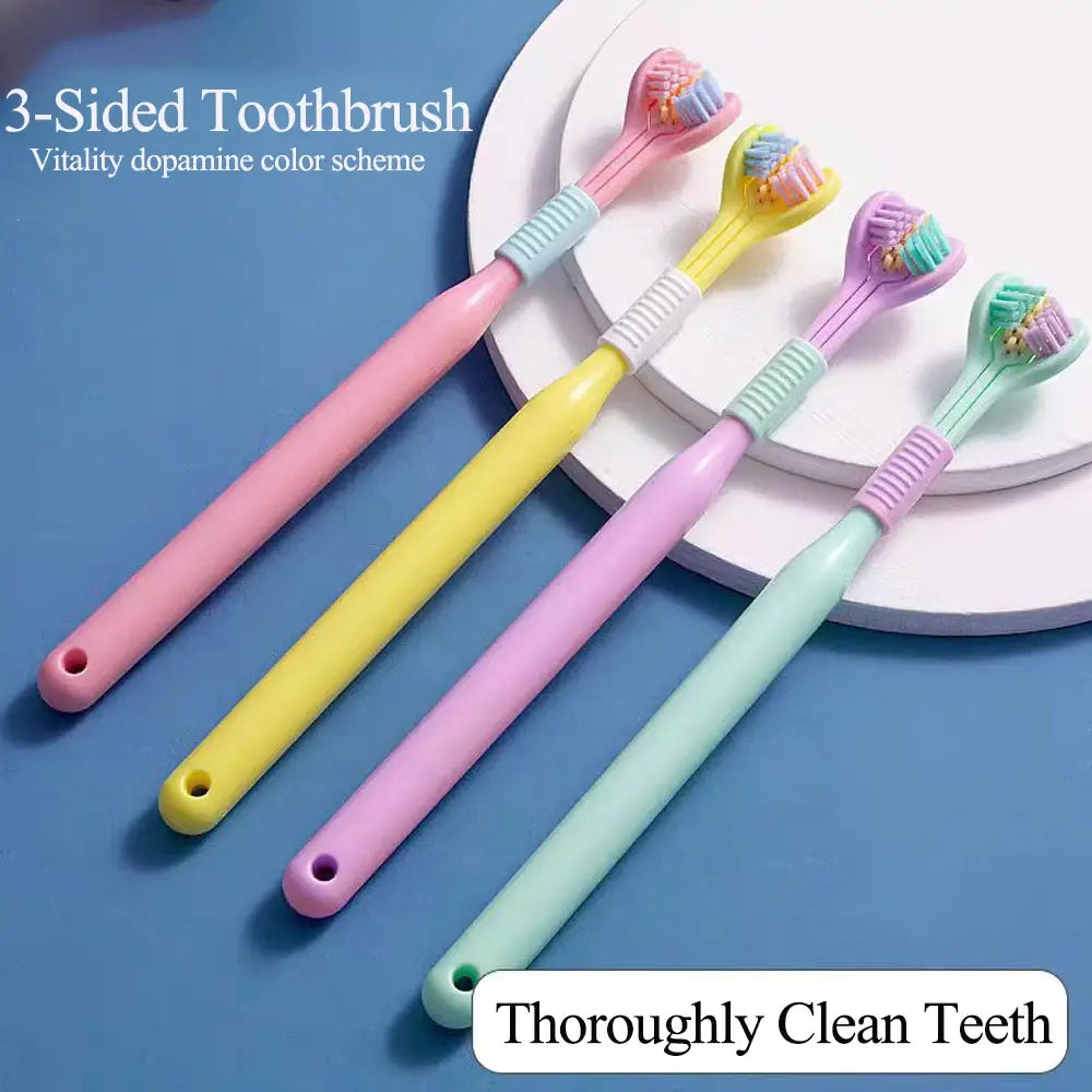 Set of four colorful 3-sided toothbrushes on a blue background with text about dental health.