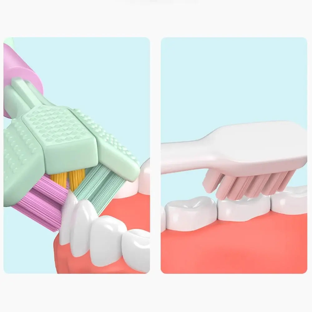 Two images showing a dental cleaning tool and a hand holding a toothbrush with a focus on dental care.