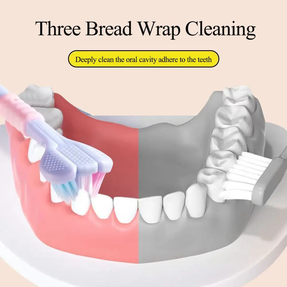 Diagram of a toothbrush cleaning teeth with text 'Three Bread Wrap Cleaning' on a beige background.