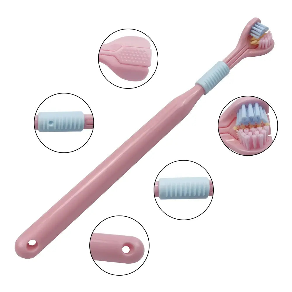 Pink toothbrush with close-up insets on a white background