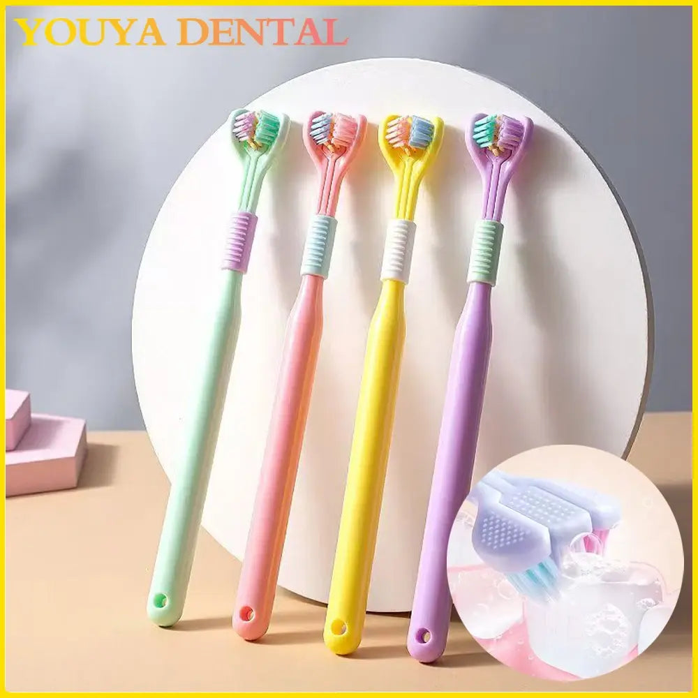 Set of colorful toothbrushes with a close-up of a cleaning tool on a light background.