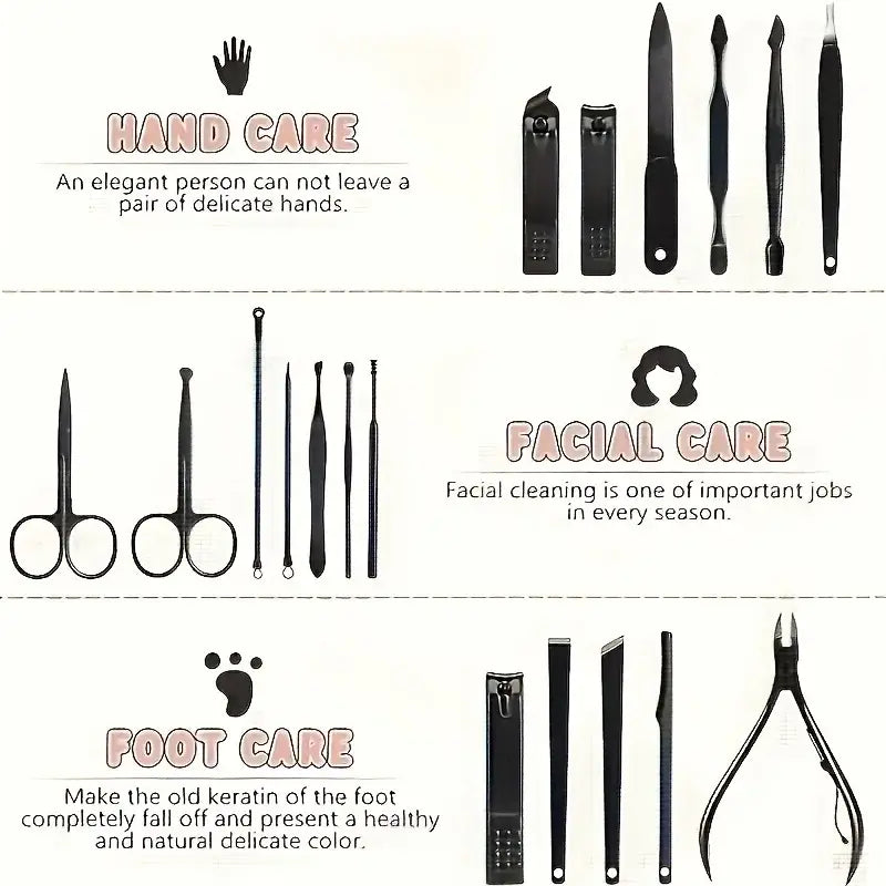 Set of black grooming tools for hand, facial, and foot care on a white background.