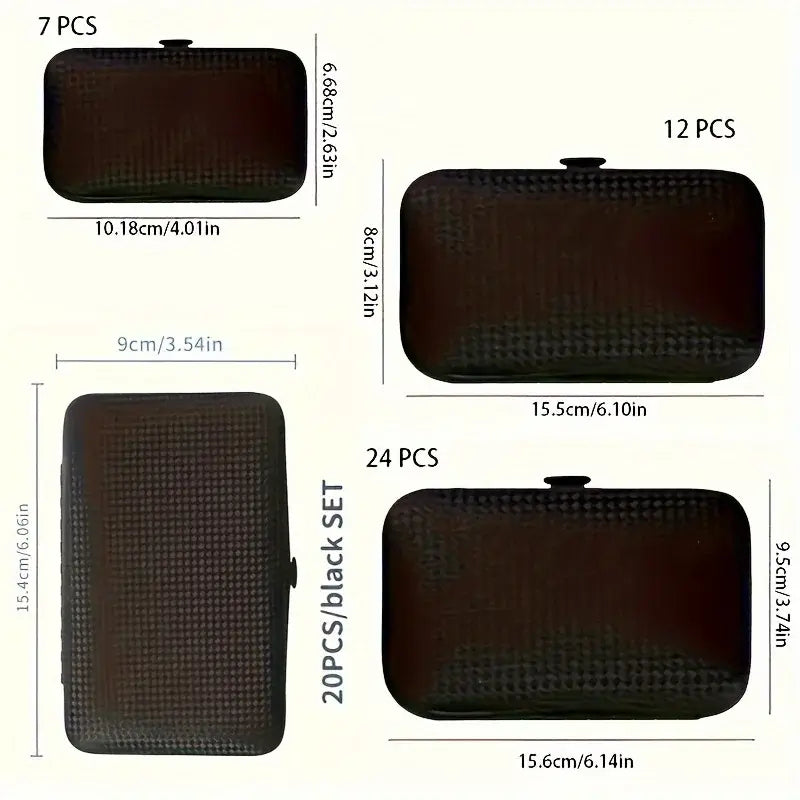 Black clutch bags with measurements on a white background