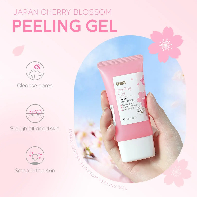 Pink peeling gel tube held by a hand with cherry blossom elements on a pink background