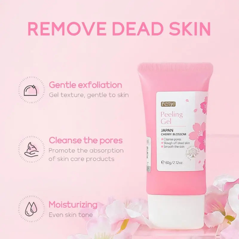 Pink exfoliating gel tube with cherry blossom design on a pink background