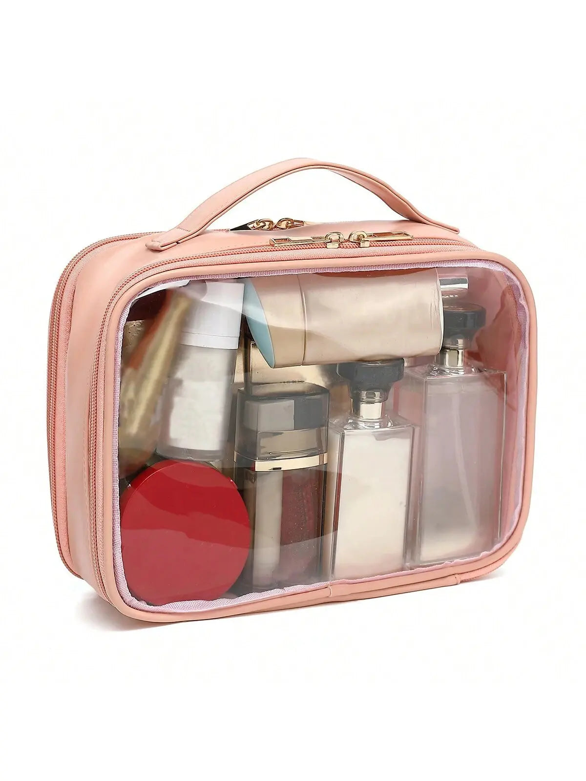 Pink cosmetic bag with clear side panels containing various items on a white background