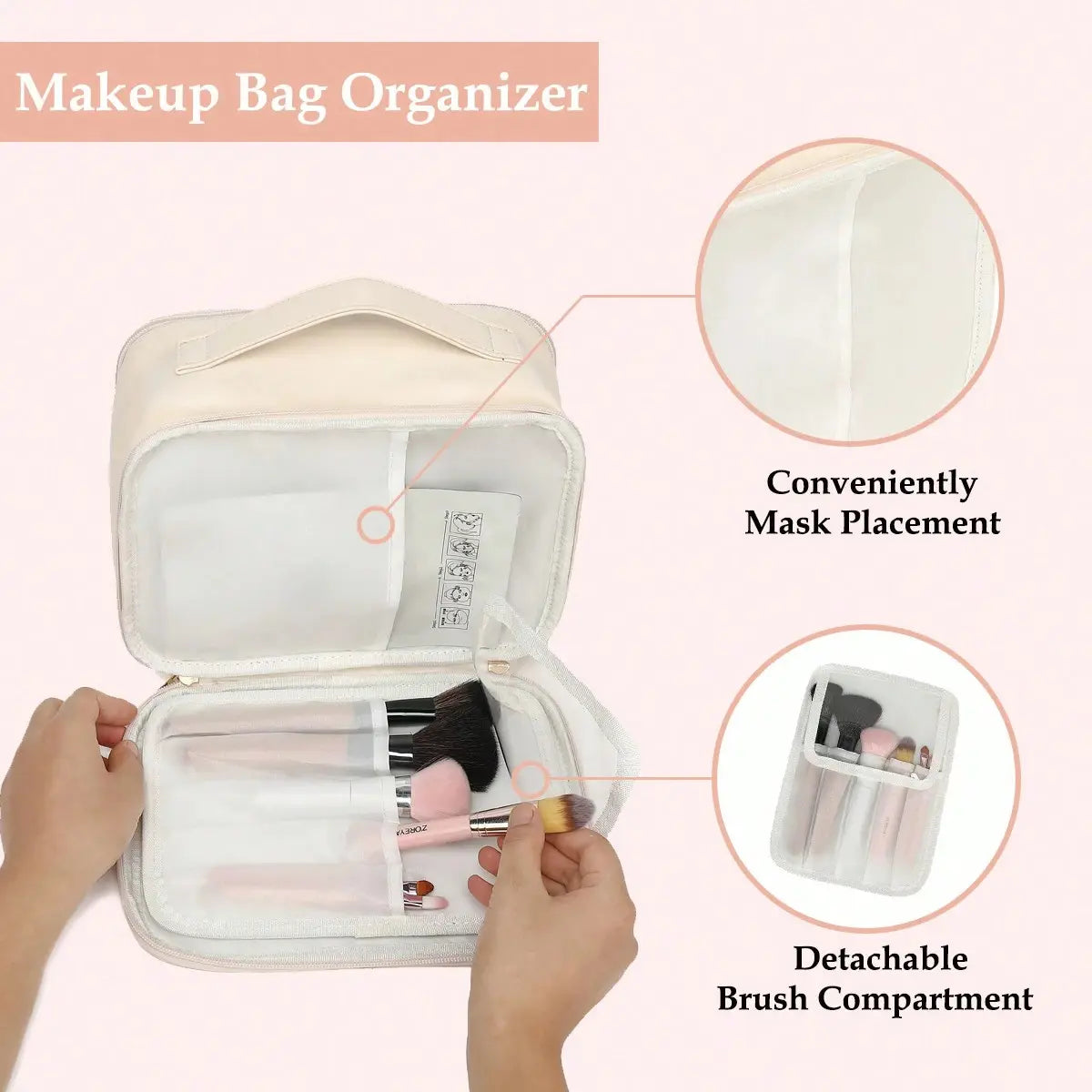 Makeup bag organizer with detachable brush compartment on a pink background