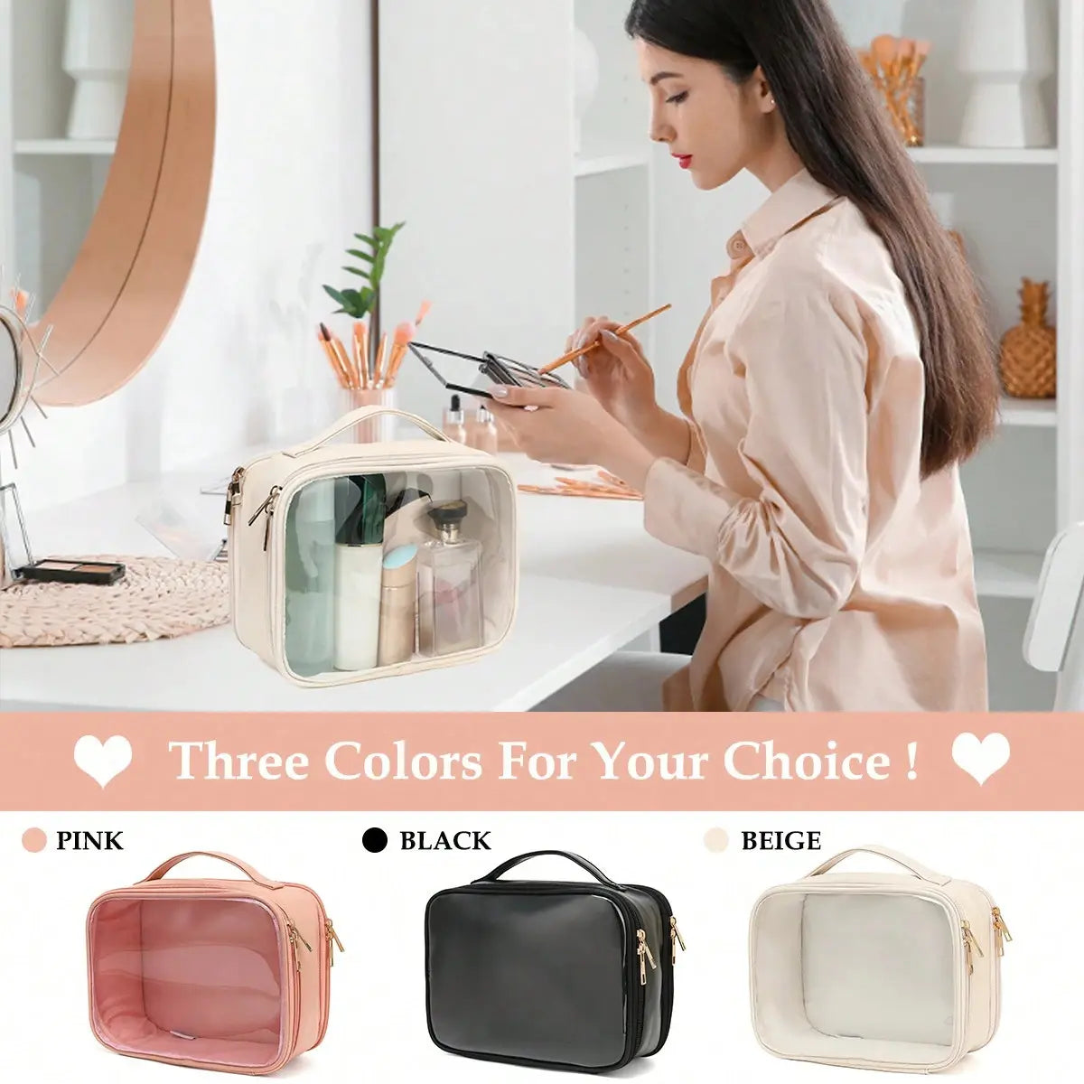 Woman using a phone with a transparent cosmetic bag on a vanity, showing three color options: pink, black, and beige.