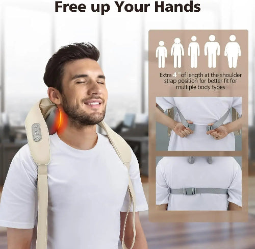 Man wearing a neck and shoulder massager with additional features highlighted on a blurred background