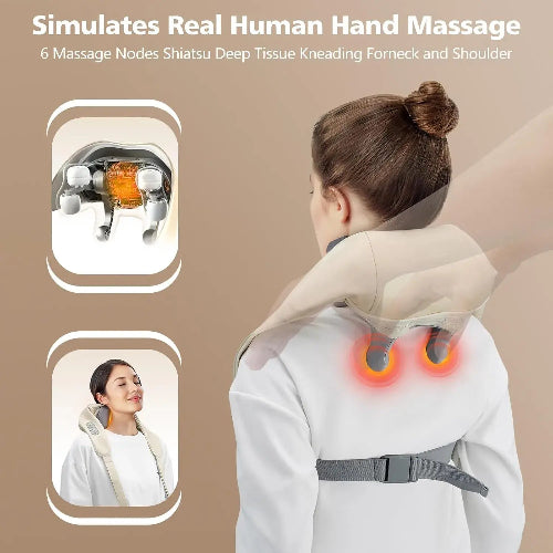 Person using a neck and shoulder massager with close-up details on a beige background