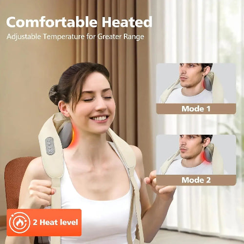 Woman using a neck and shoulder massager with adjustable temperature display.