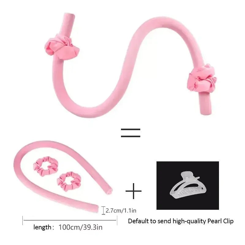 Pink hair tie with decorative bows and a comparison to a hair clip on a white background.