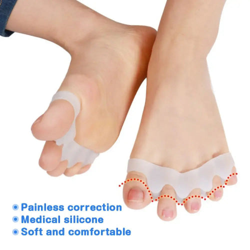 Silicone toe separators on feet with text highlighting benefits