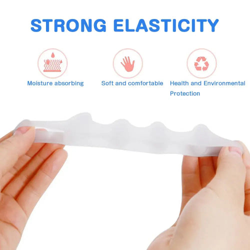 Silicone strip with text on elasticity and features, held by hands against a white background