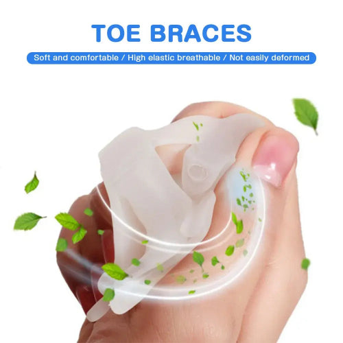 Toe braces being worn on a finger with text highlighting features