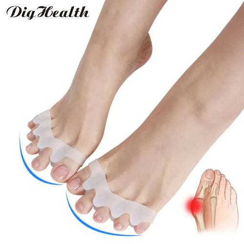 Silicone toe separators on feet with a small illustration of a painful foot, branded 'Dig Health'.