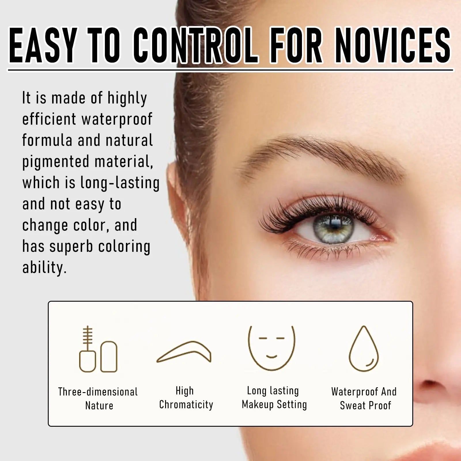 Eyebrow product advertisement with text about waterproof formula and natural pigmented material.