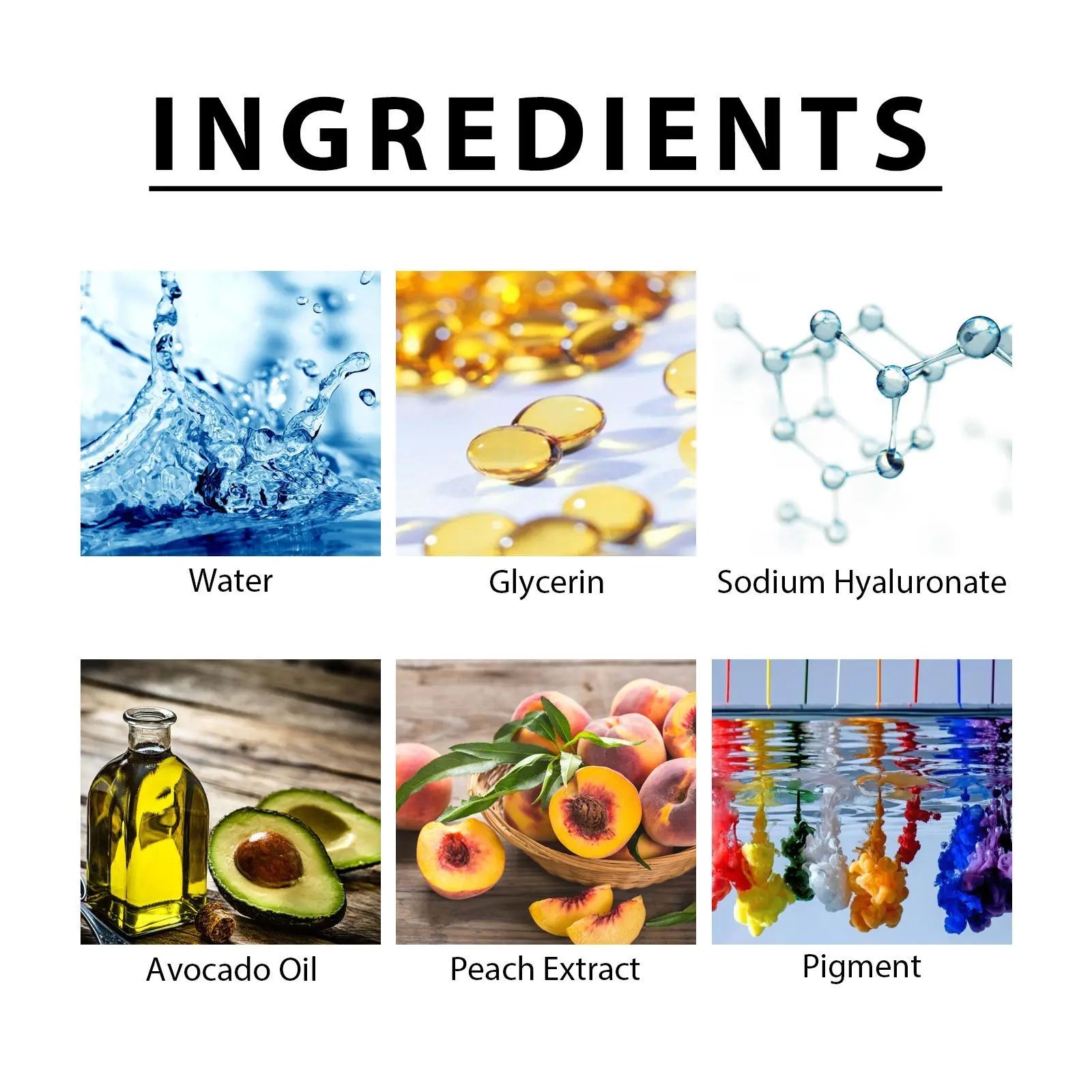 List of skincare ingredients with corresponding images and labels on a white background.