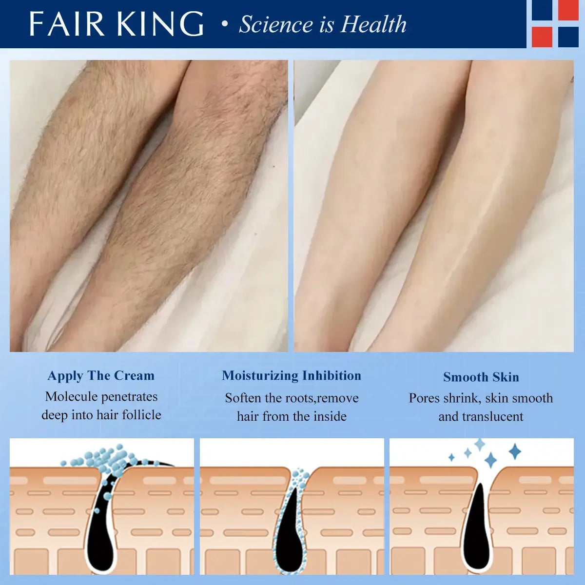 Advertisement for Fair King hair removal cream showing before and after effects on legs.