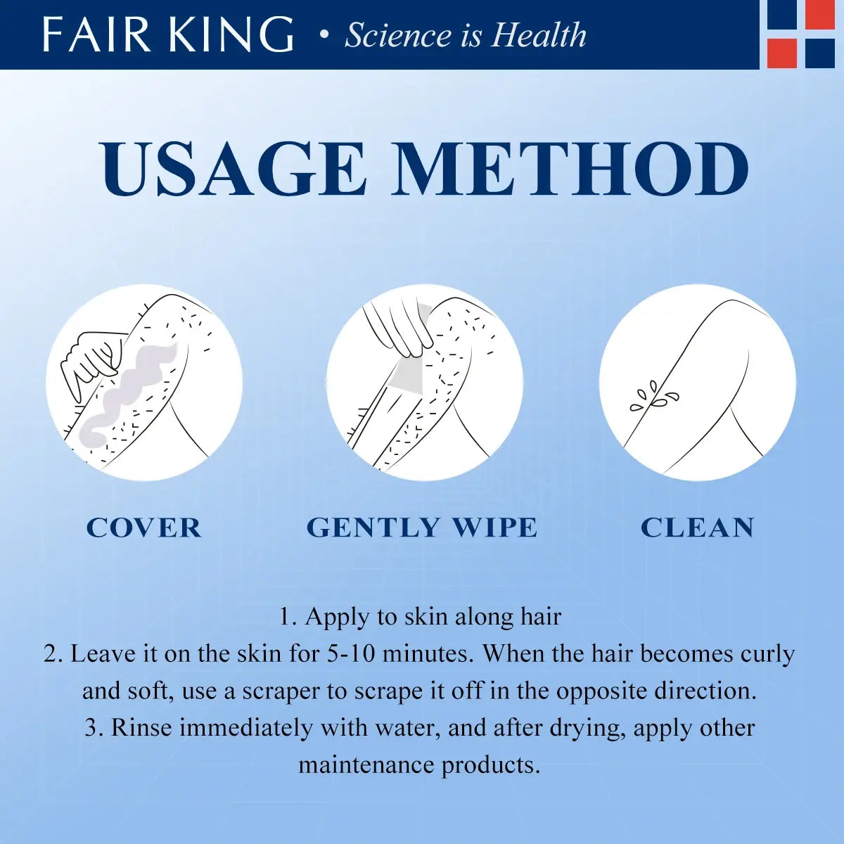 Usage method instructions for a hair removal product by Fair King on a blue background.