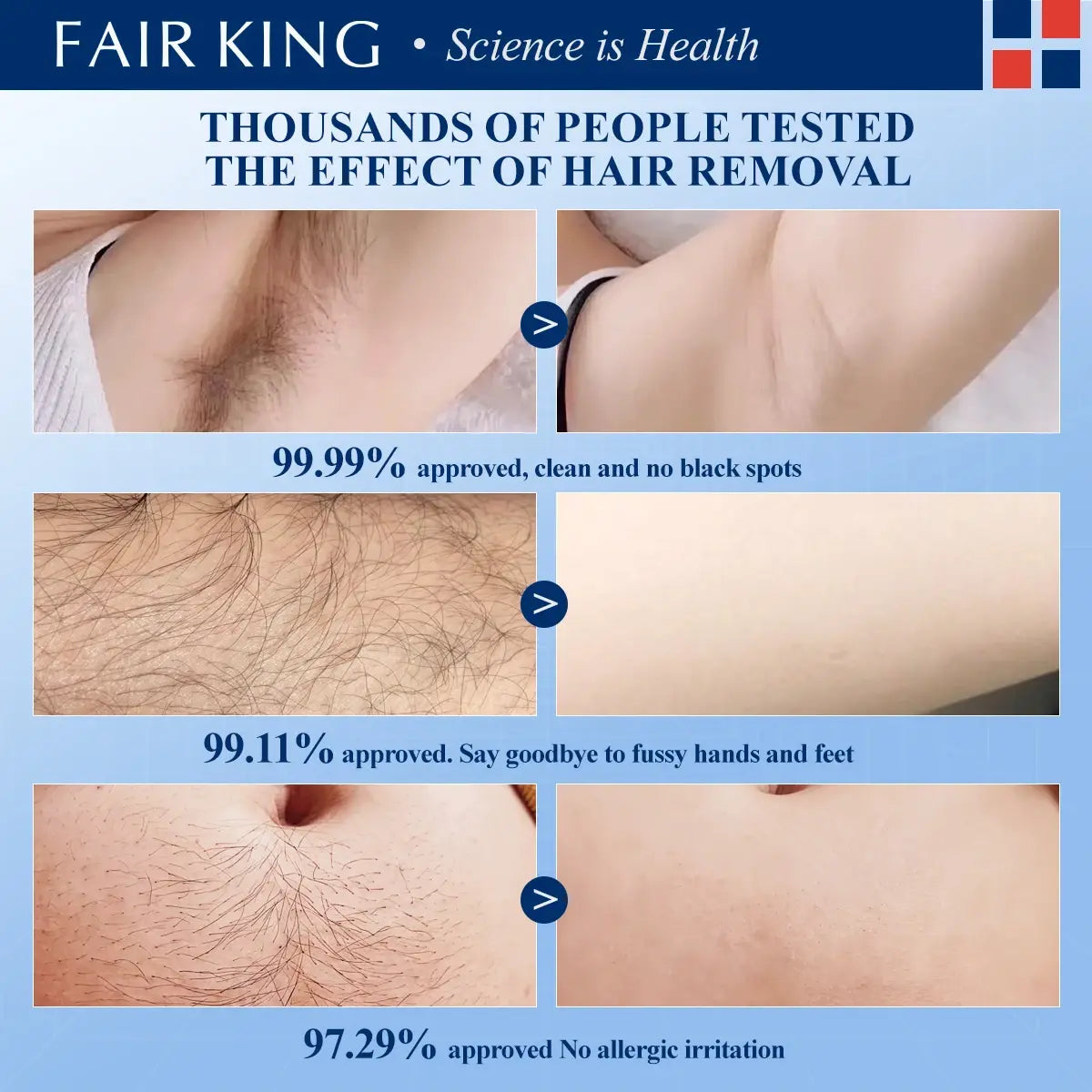 Advertisement for Fair King hair removal product showing before and after effects on skin.