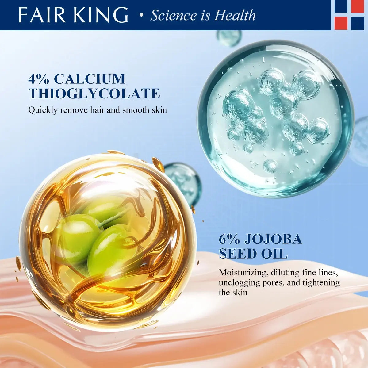Advertisement for Fair King skincare product with text about calcium thioglycolate and jojoba seed oil.