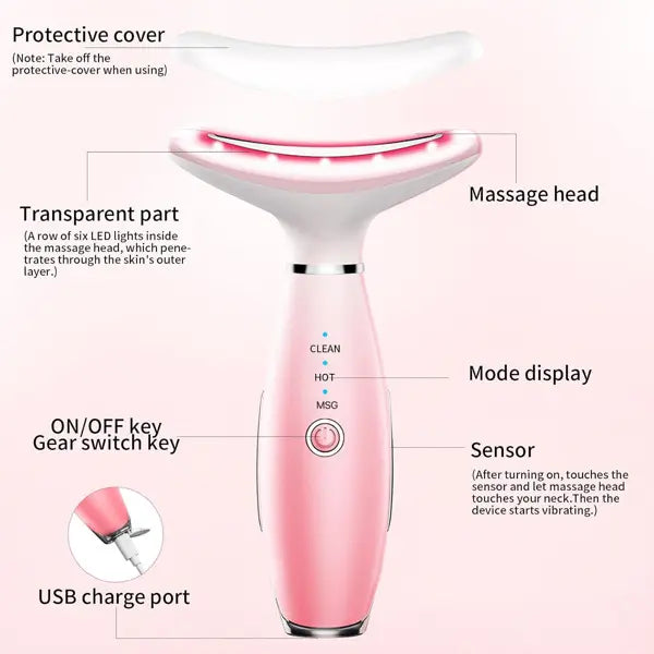 Pink neck massager with labeled parts on a pink background