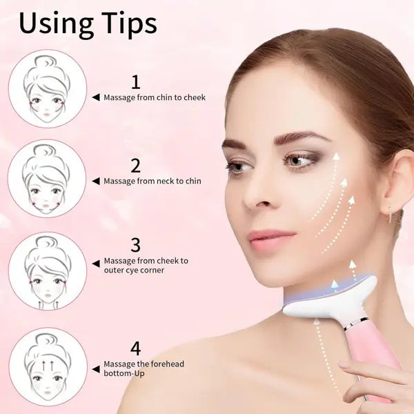 Woman using a facial massager with usage tips on a pink background