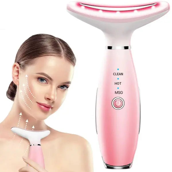 Pink and white facial cleansing device with a woman using it on a white background