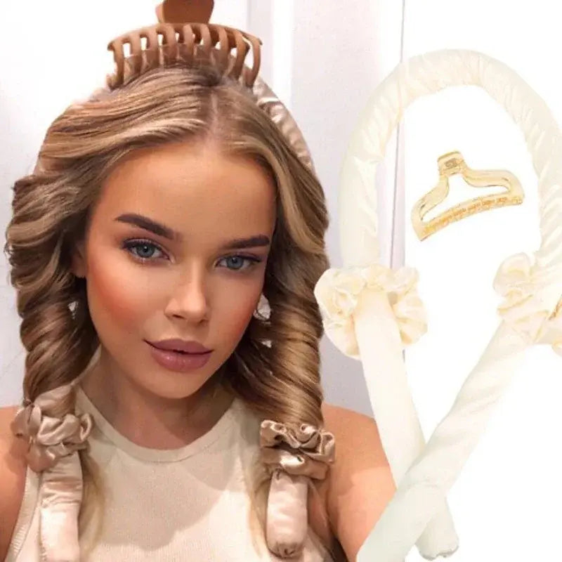 Woman with styled hair using hair rollers, with a close-up of the rollers on the right.