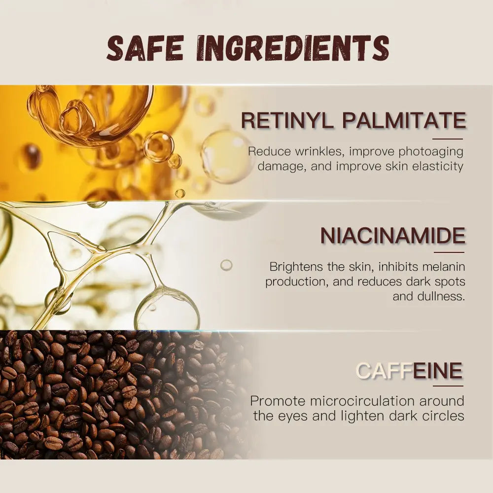 Product safety ingredients with retinyl palmitate, niacinamide, and caffeine displayed.
