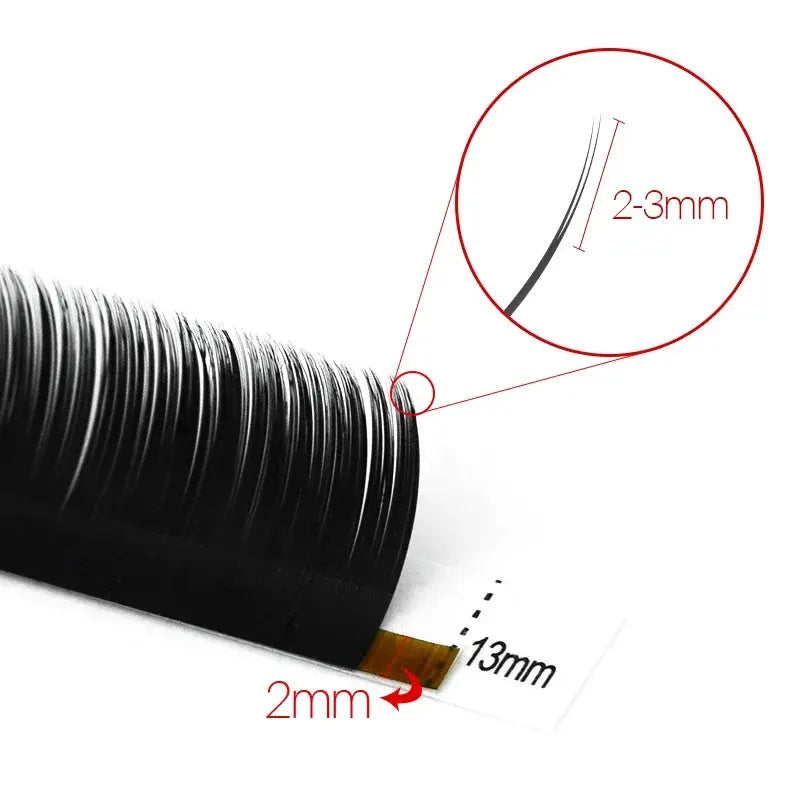 Roll of false eyelashes with measurements indicated on a white background
