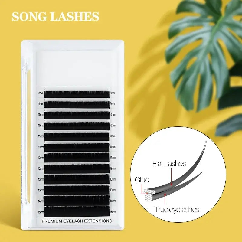 Eyelash extension kit with a close-up diagram on a yellow background