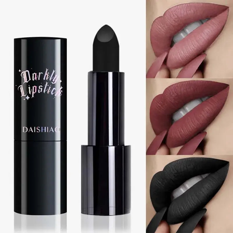 Black lipstick with 'DAISHIAO' branding and close-up of lips wearing the lipstick.