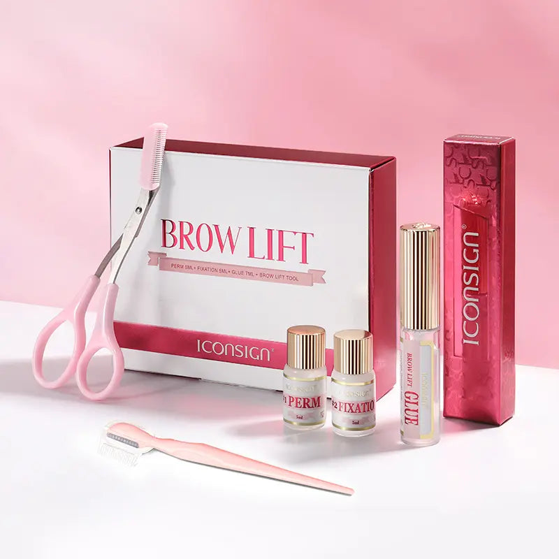Iconsign brow lifting kit with tools and products on a pink background