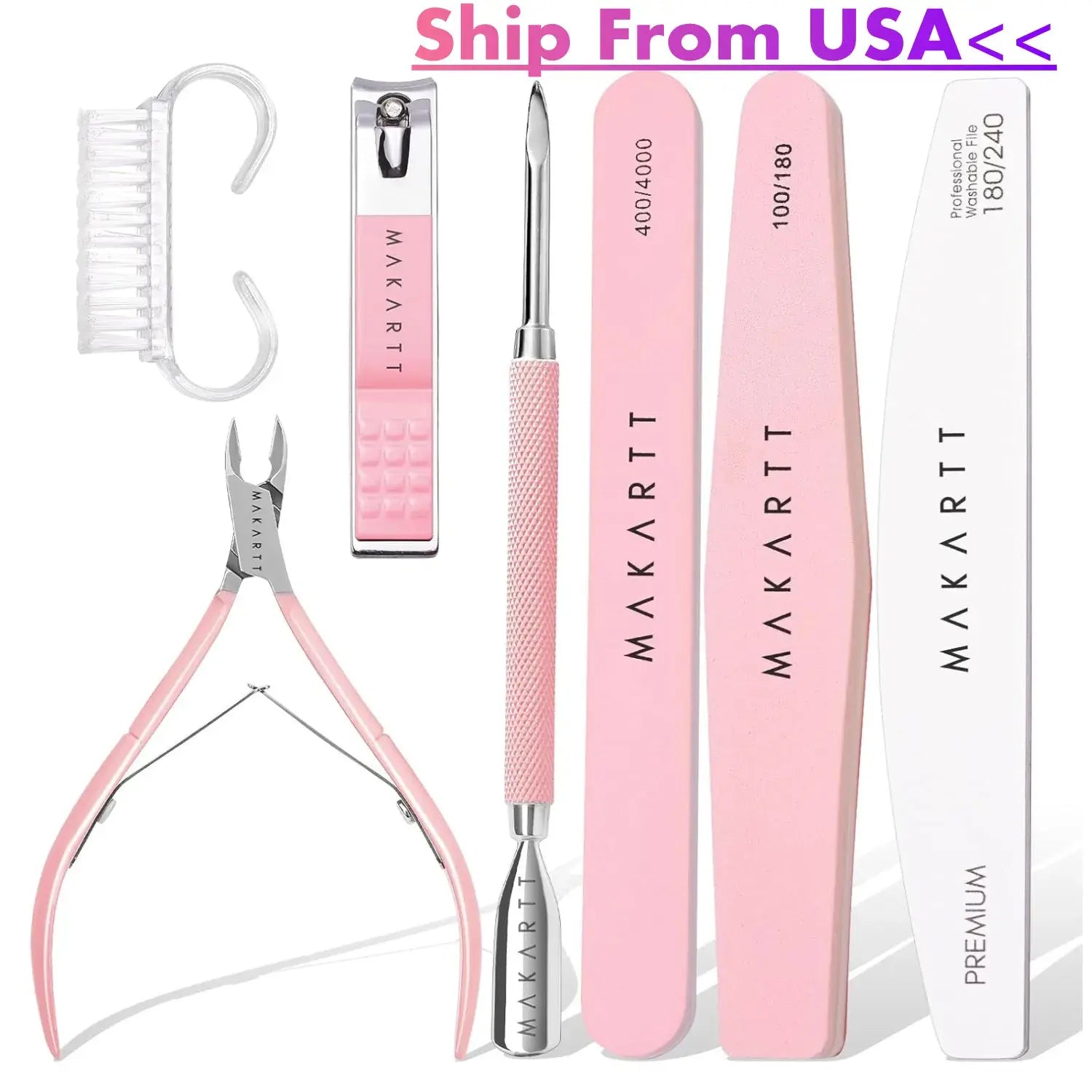 Set of pink nail care tools with 'MAKARTT' branding on a white background.