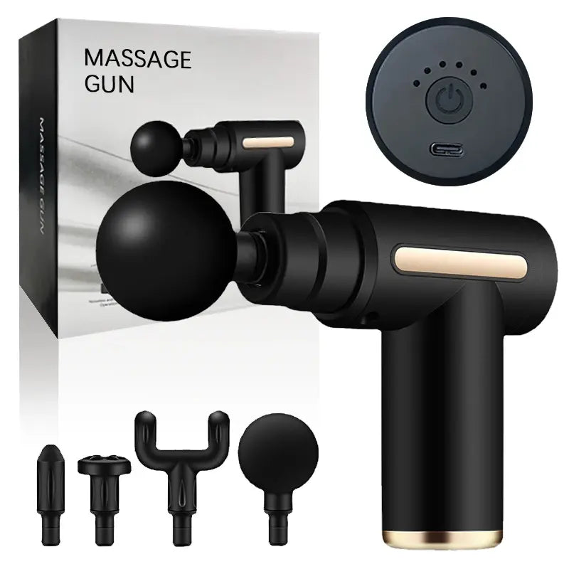 Black massage gun with attachments and packaging on a white background