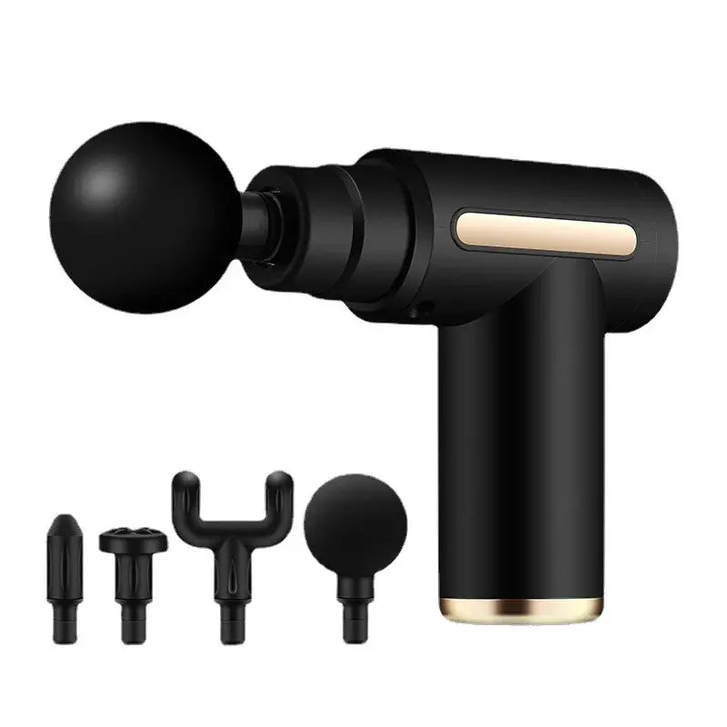 Black massage gun with attachments on a white background