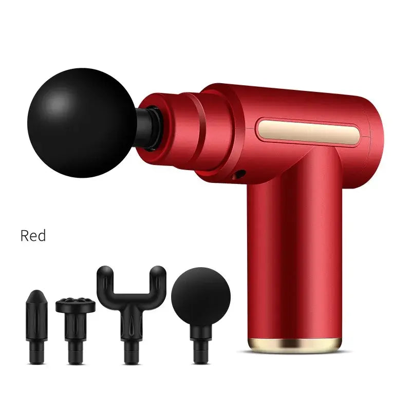 Red massage gun with black attachments on a white background