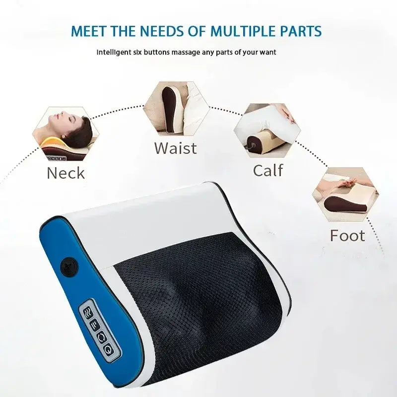 Massage pillow with blue and black design, labeled for neck, waist, calf, and foot massage.