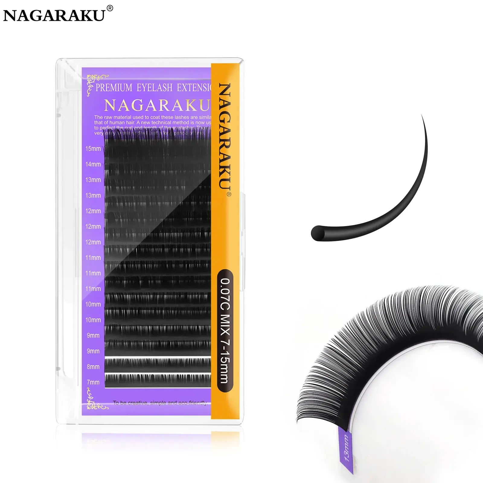 Nagaraku eyelash extension packaging with a close-up of the lashes on a white background