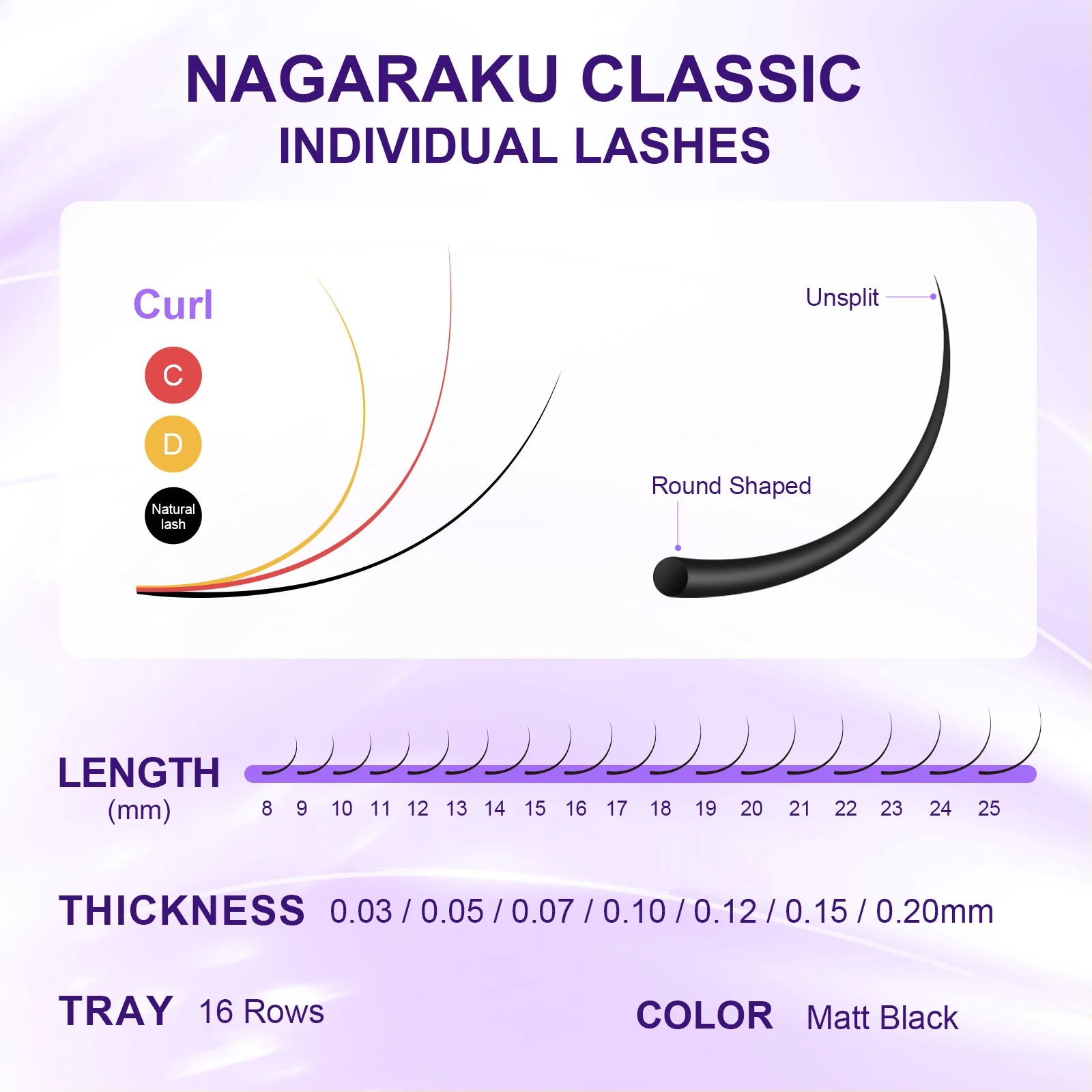 Product description of Nagaraku Classic individual lashes with specifications on a purple background