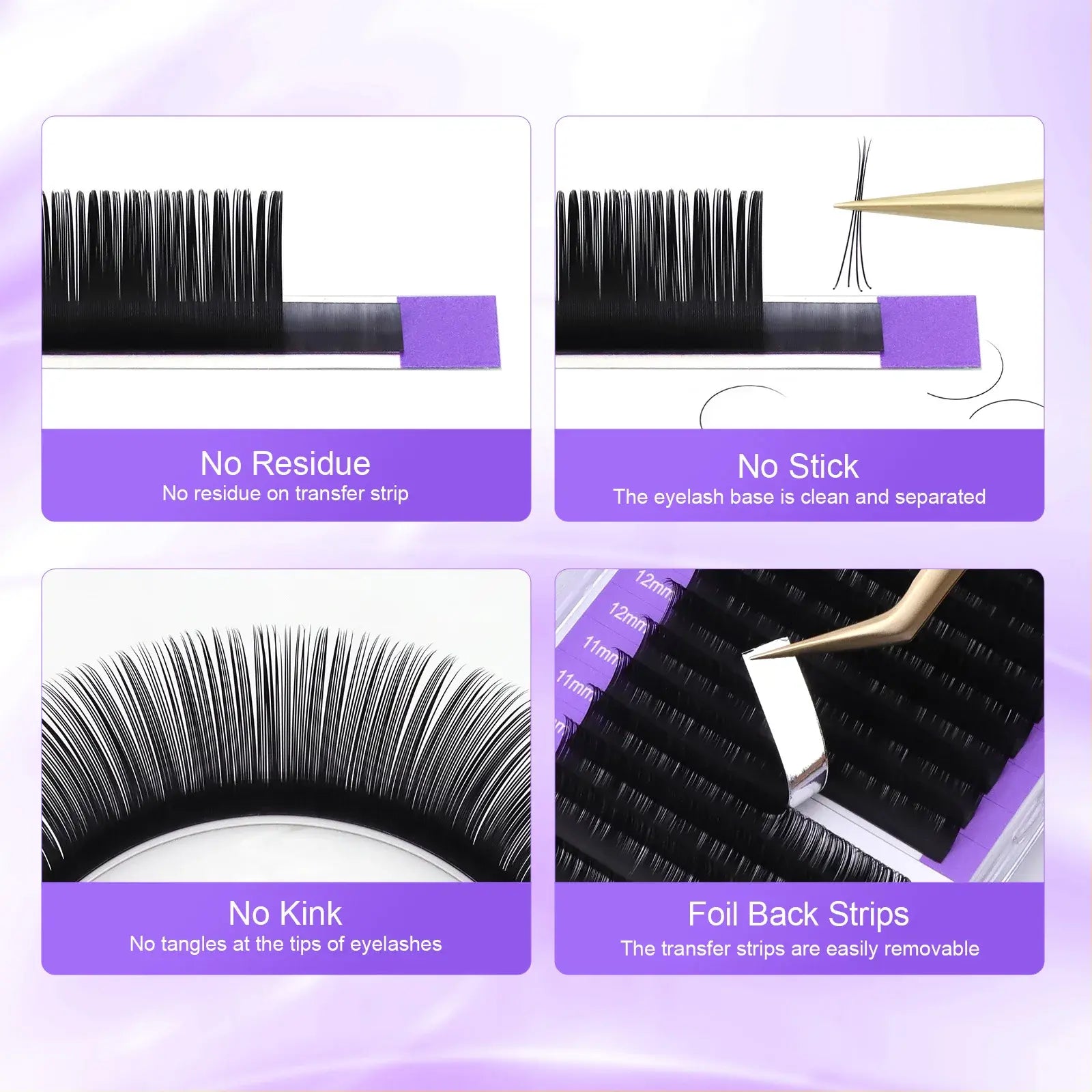 Eyelash product with features highlighted on a purple background