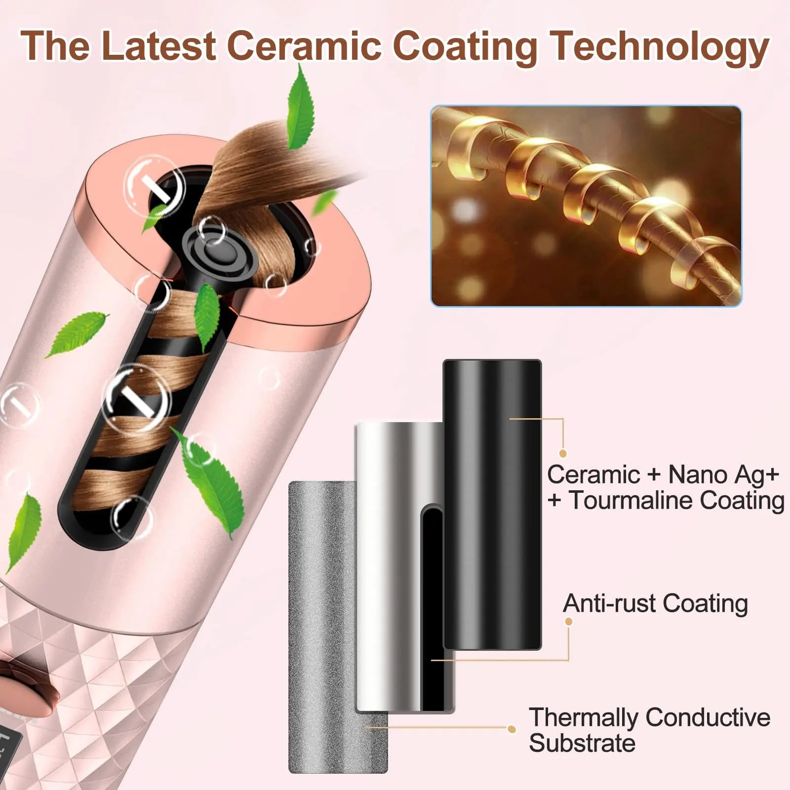 Hair straightener with ceramic coating technology features and close-up of hair strands.