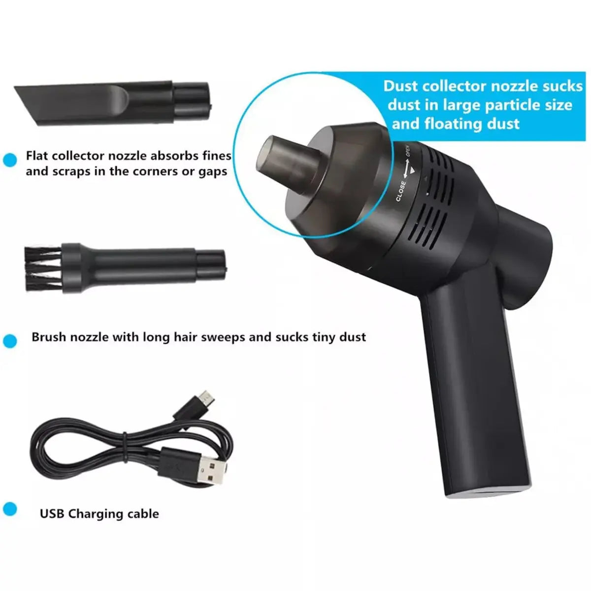 Black handheld vacuum cleaner with various nozzles and USB charging cable on a white background