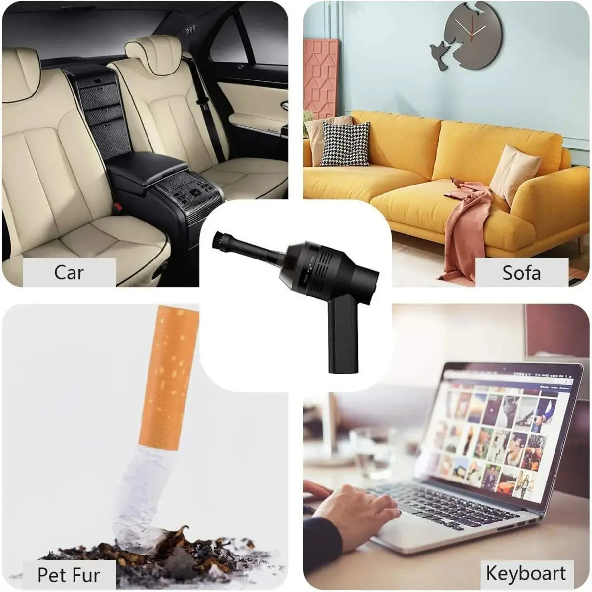 Collage of car interior, sofa, pet fur, and laptop keyboard cleaning scenarios.
