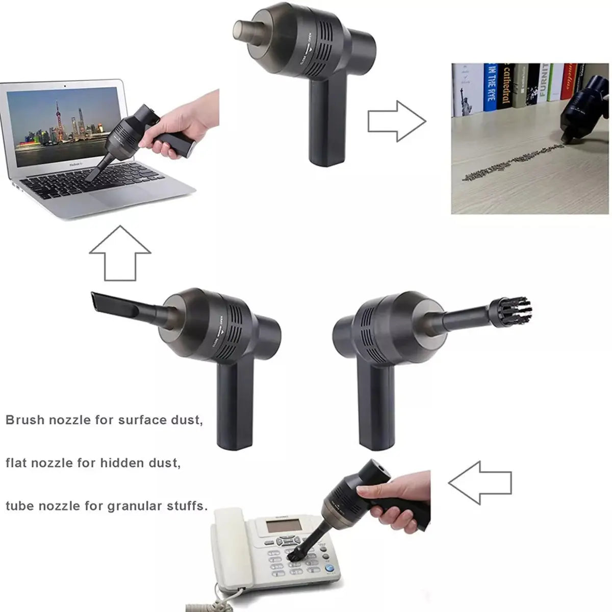 Multifunctional cleaning tool with different nozzles used on various surfaces.