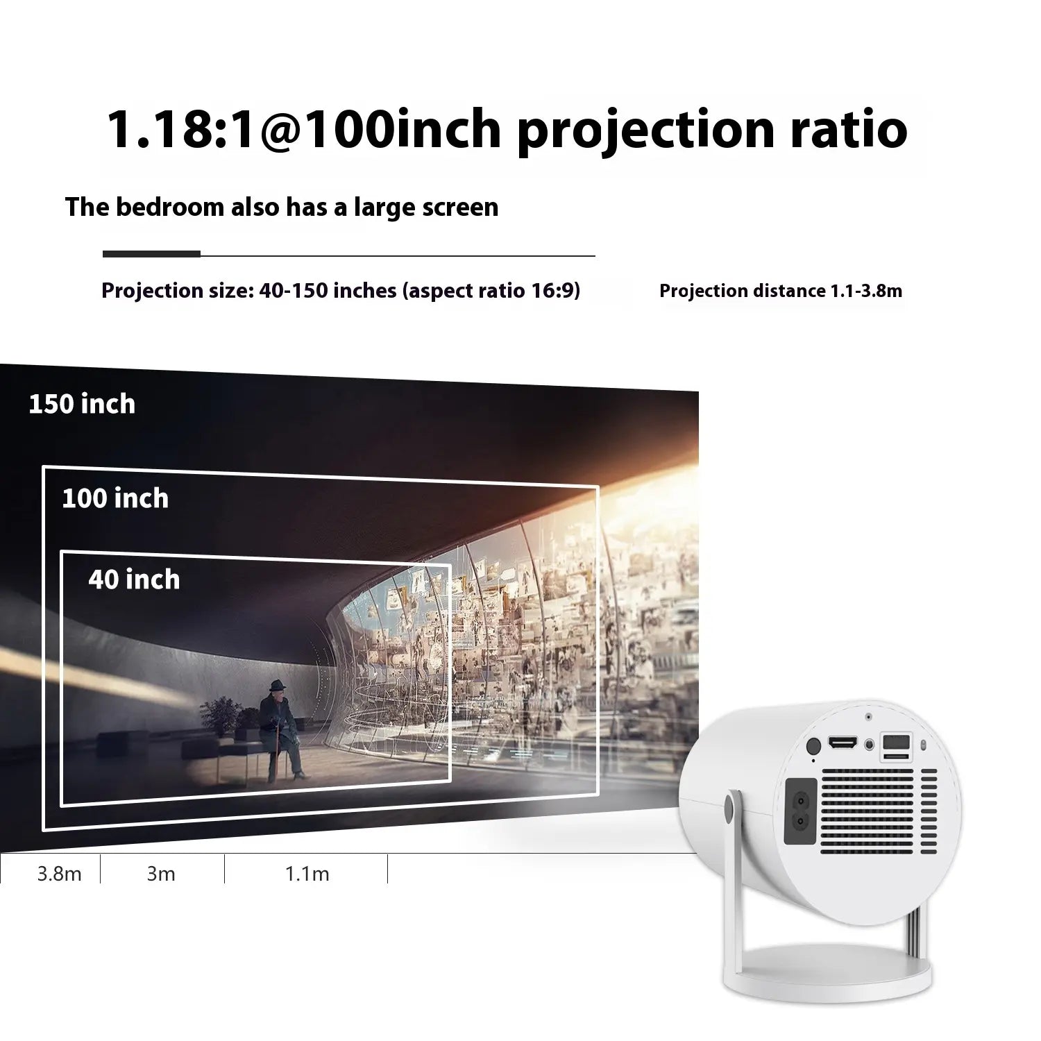 White projector with screen size and projection ratio information on a white background