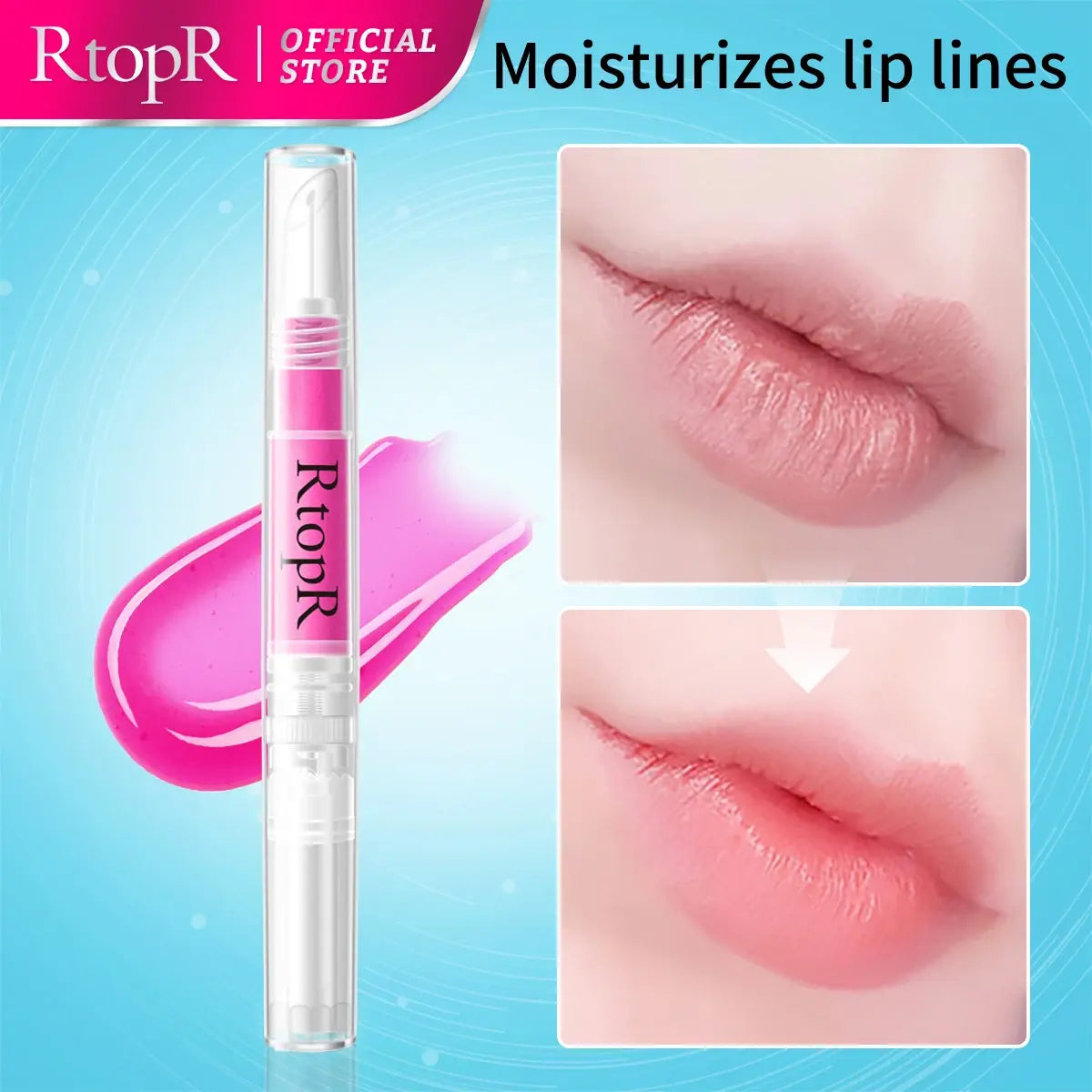 RtopR lip balm with product and before/after effects on lips on a blue background