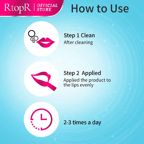 Instructions for using a lip product with icons and text on a blue background